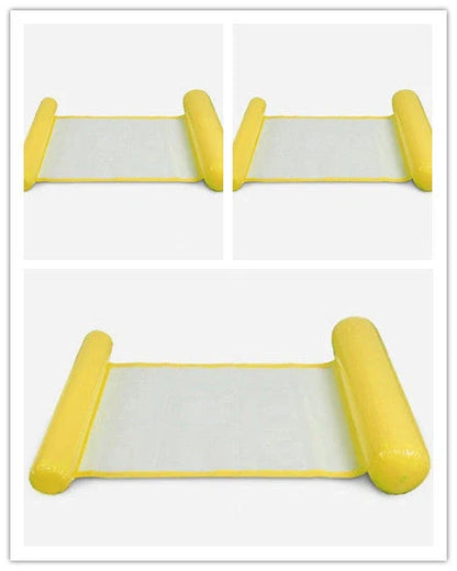 Inflatable water lounge chair in blue, floating in pool with hammock-style design
