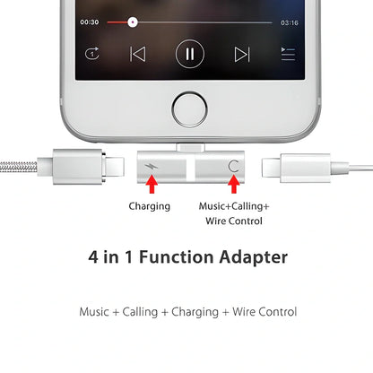 4-in-1 iPhone Lightning Adapter with multiple functions including music playback, charging, calling, and device control