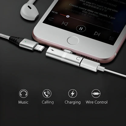 4-in-1 iPhone Lightning Adapter with multiple functions including music playback, charging, calling, and device control