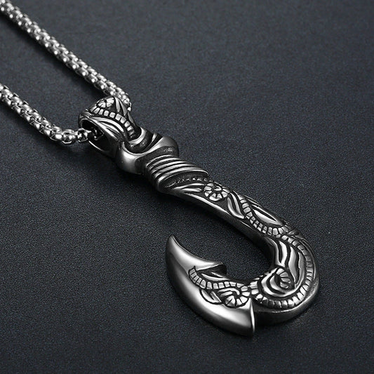 Vintage stainless steel ocean romance fish hook pendant with snake bone chain