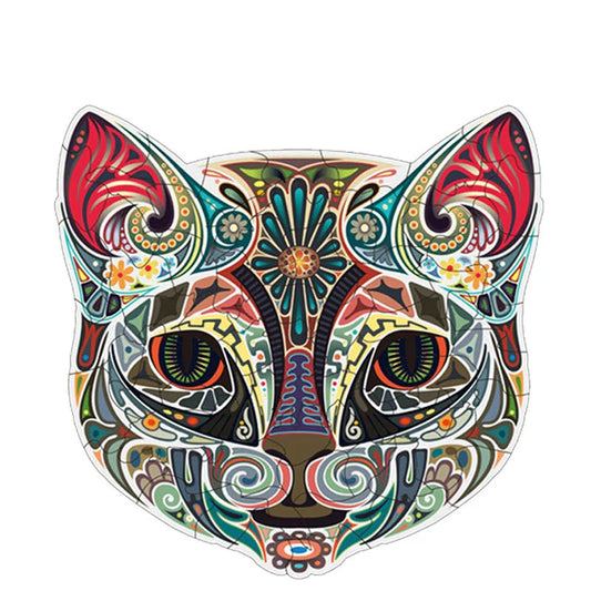 Charming wooden jigsaw puzzle featuring a whimsical flower-faced cat amidst a lush, floral landscape
