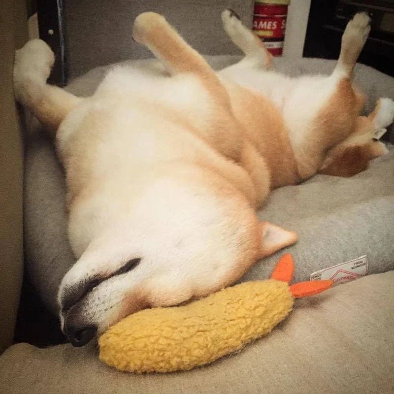 Adorable plush fried shrimp tempura squeaky dog toy for chewing, dental care, and anxiety relief
