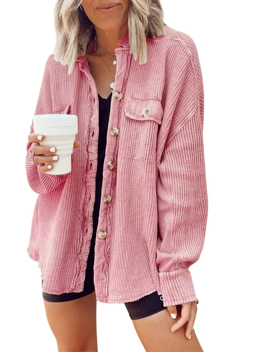 Women's button shirt jacket with lapel and long sleeves in various colours
