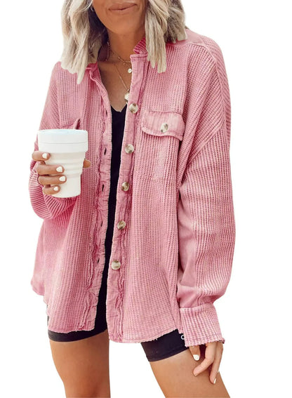 Women's button shirt jacket with lapel and long sleeves in various colours