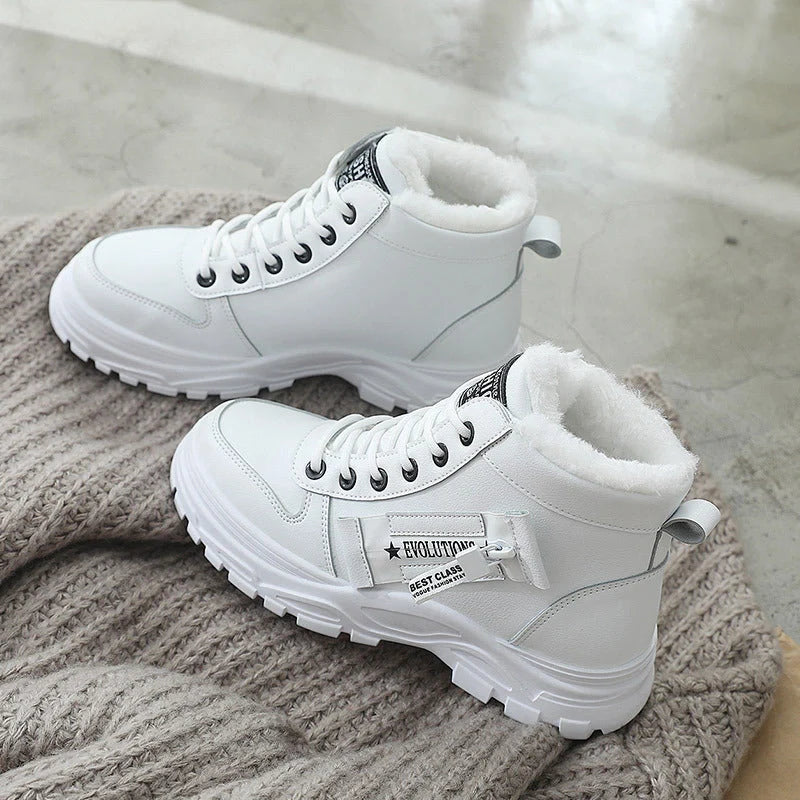Winter fleece lace-up boots with artificial short plush lining in black, khaki, and white