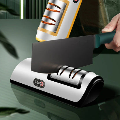 Premium electric knife sharpener with clear, soft-touch surface and precision grinding design for effortless blade sharpening