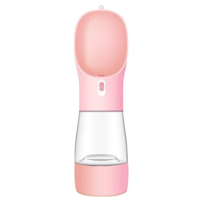Portable pet water bottle and food bowl made of durable plastic, available in multiple colors for outdoor adventures with your furry friend.