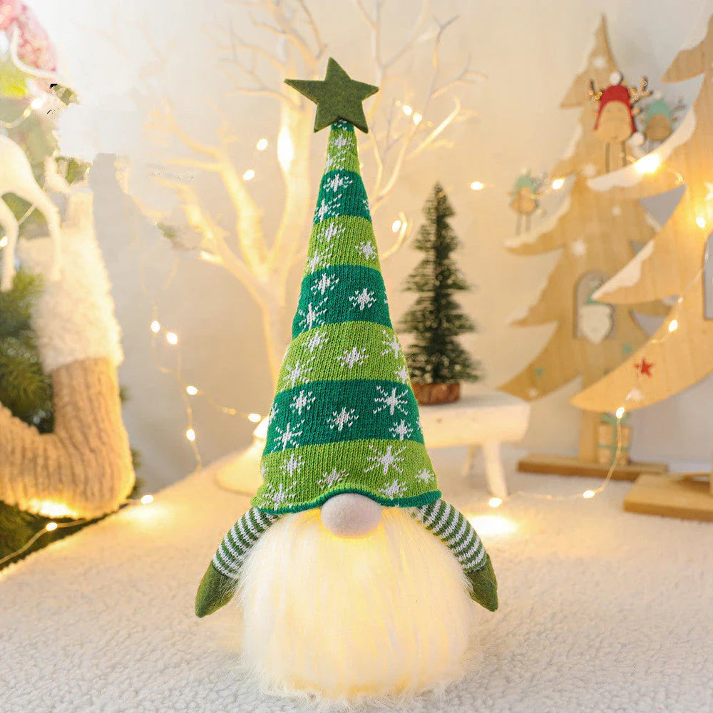 Festive faceless gnome figures in various colours, including green, red, and grey, adding a whimsical touch to Christmas home decor