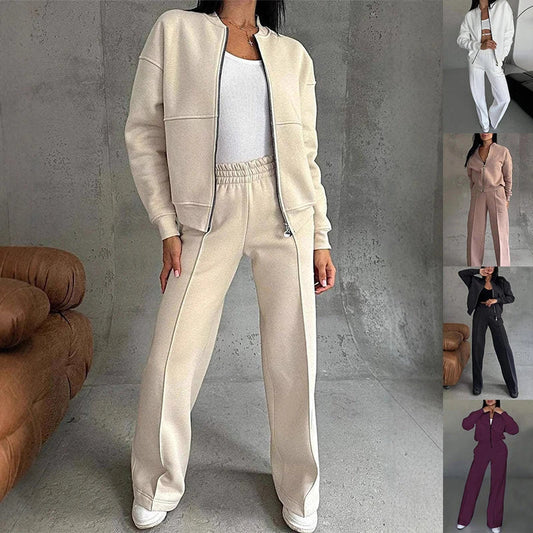 Stylish women's sports separates set with zip-up jacket and wide-leg trousers in a variety of colours
