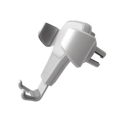 Leather grain gravity mobile phone car holder in black and white, securing a smartphone in a car