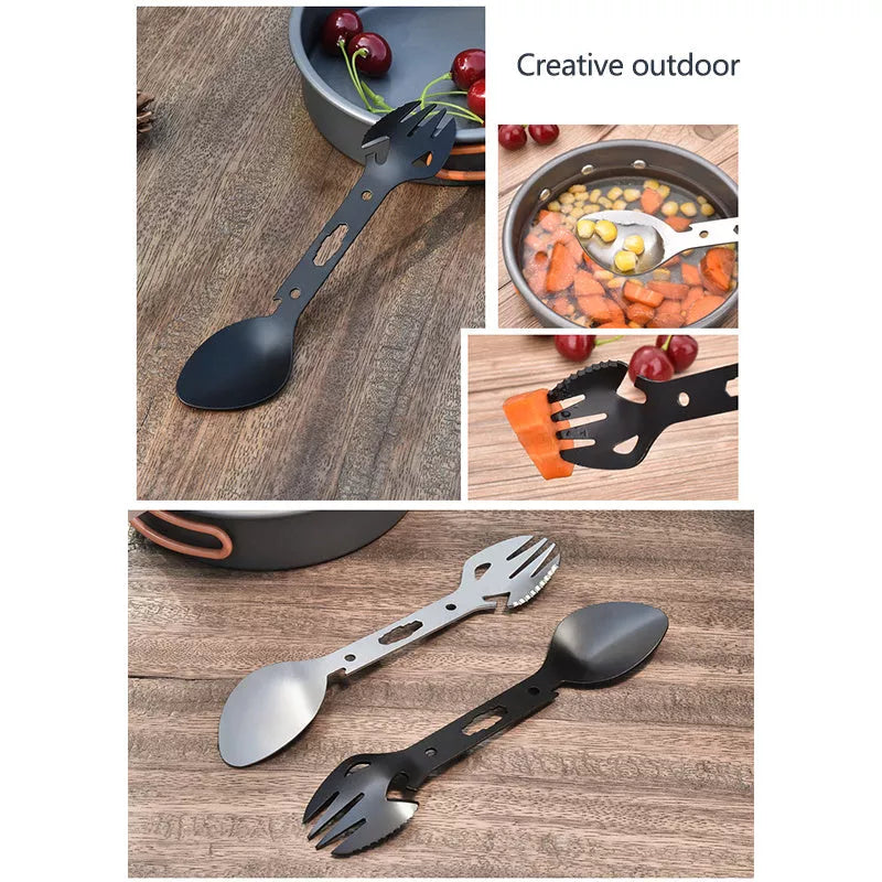 Stainless steel multifunctional fork and spoon set with bottle opener for outdoor adventures