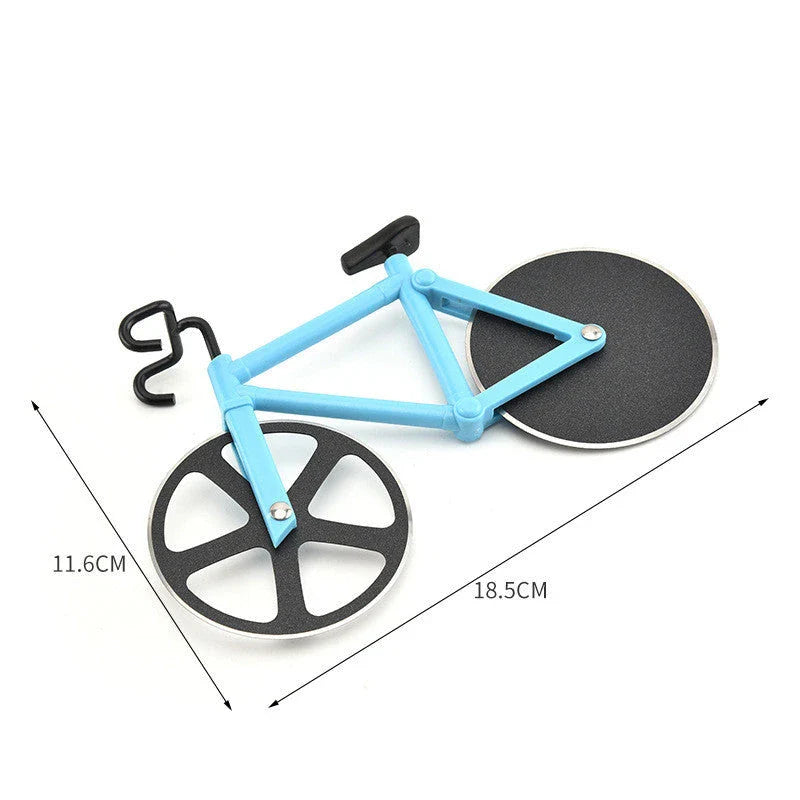 Stainless steel pizza cutter with modern bicycle-inspired design for effortless slicing of pizzas, flatbreads, and more