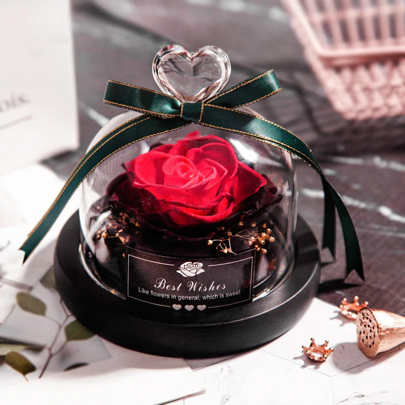 Enchanting Eternal Rose with LED lighting in a glass display, showcasing its timeless beauty and elegant design