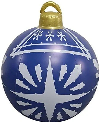 Vibrant inflatable Christmas baubles in a variety of colours and patterns, perfect for outdoor holiday decoration