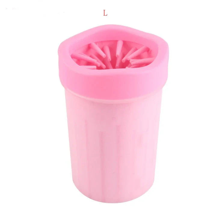 Silicone Dog Paw Washer Cup in various colors and sizes, featuring soft bristles for gentle cleaning.