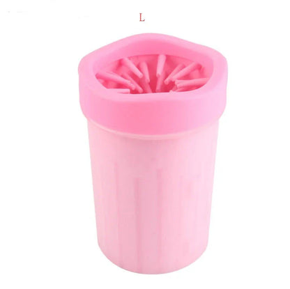 Silicone Dog Paw Washer Cup in various colors and sizes, featuring soft bristles for gentle cleaning.