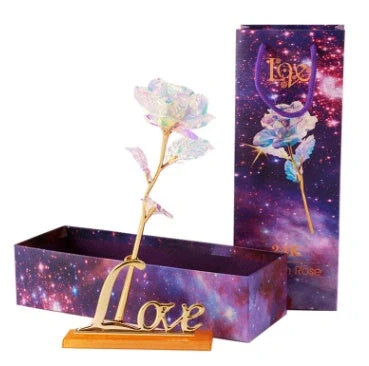 A luxurious 24K gold-plated rose flower bouquet set with a gift box and tote bag