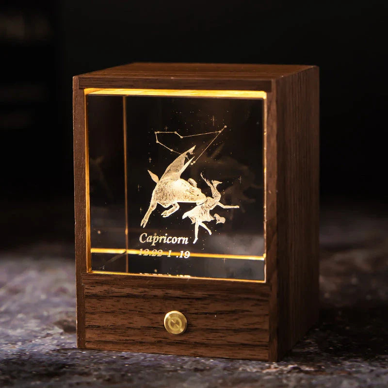 Constellation LED Table Lamp with black walnut base and 3D crystal ball, creating a starry night effect in the bedroom