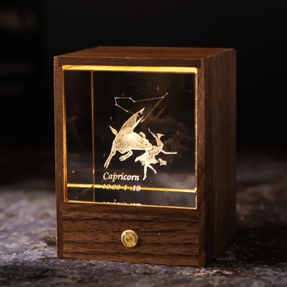 Constellation LED Table Lamp with black walnut base and 3D crystal ball, creating a starry night effect in the bedroom