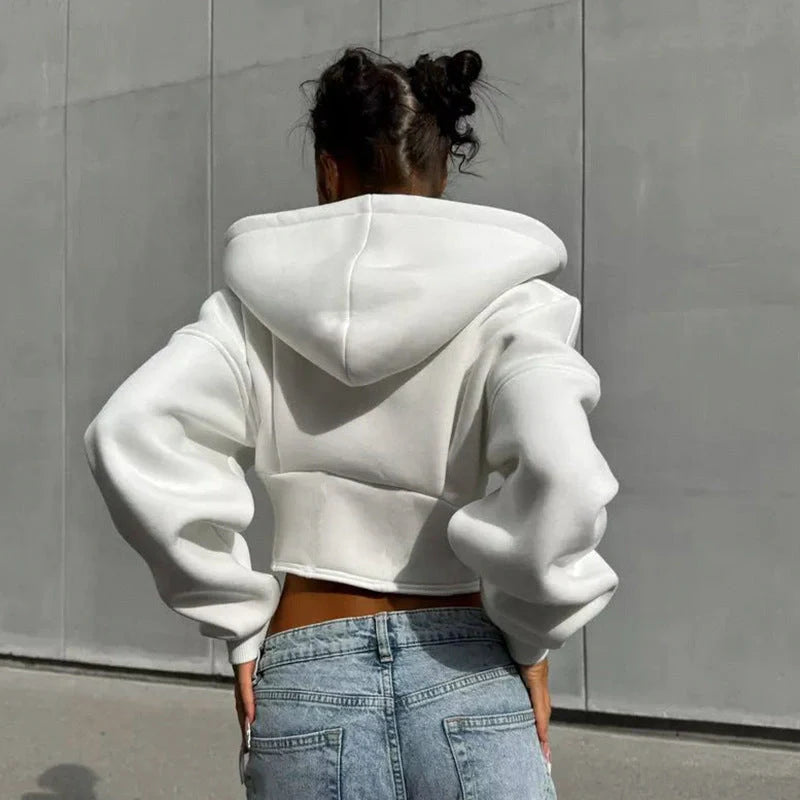 Slim-fit zipper hoodie cardigan for women in grey and white