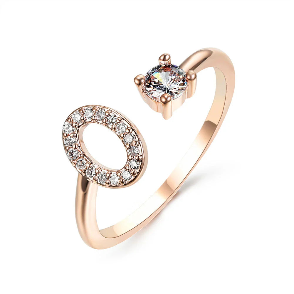 Customizable adjustable ring with 26 letters for women, featuring zircon stones and copper alloy construction