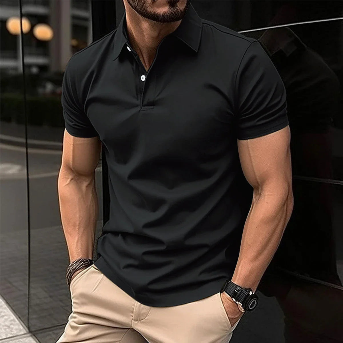 Premium Short Sleeve Polo Shirt for Men in Solid Color with Button Lapel Design