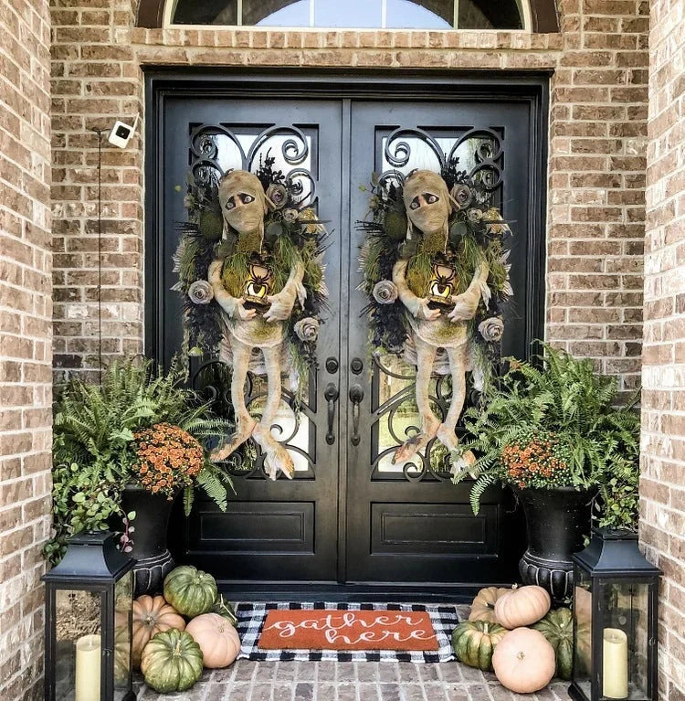 Mummy Halloween Wreath with realistic skeleton hands for door decoration