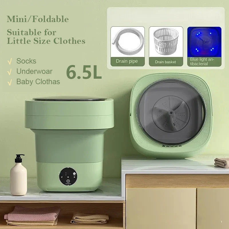 Compact folding washing machine for small spaces and travel, featuring a lightweight, portable design with powerful cleaning capabilities