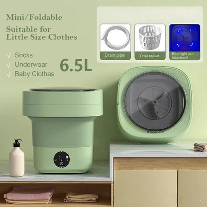 Compact folding washing machine for small spaces and travel, featuring a lightweight, portable design with powerful cleaning capabilities
