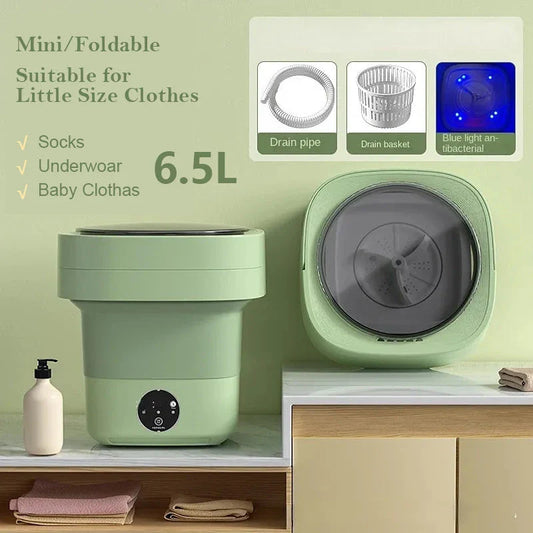 Compact folding washing machine for small spaces and travel, featuring a lightweight, portable design with powerful cleaning capabilities