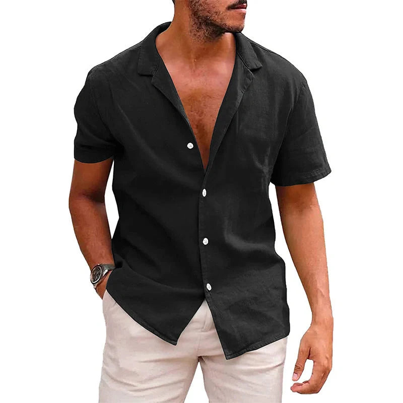 Men's casual linen-cotton blend short sleeve button-down shirt in various colours