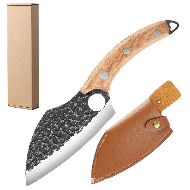Forged High Carbon Steel Outdoor Bending Knife with PU leather cover and cowhide box