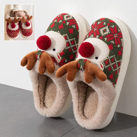Cozy and festive plush elk-themed slippers in Christmas green and red colors