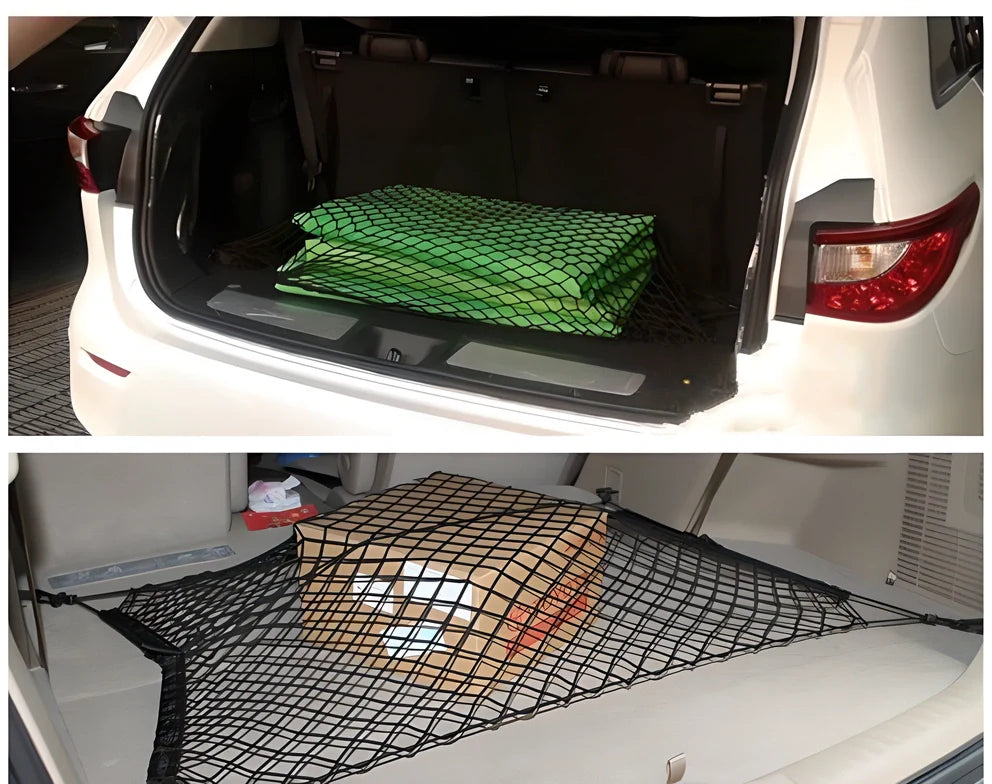 Premium nylon car organiser net with compartments to keep items secure in car boot
