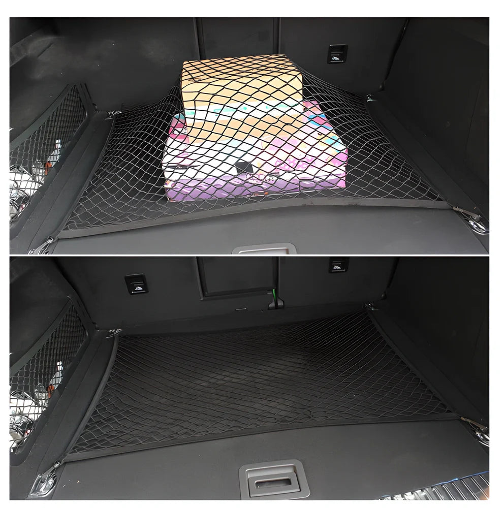 Premium nylon car organiser net with compartments to keep items secure in car boot
