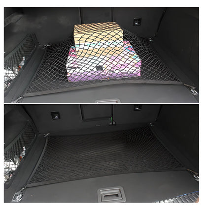 Premium nylon car organiser net with compartments to keep items secure in car boot