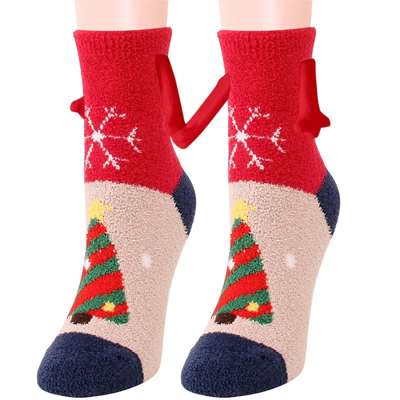 Christmas couple socks with magnetic suction feature for hand holding, festive 3D animal patterns