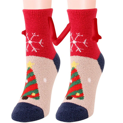 Christmas couple socks with magnetic suction feature for hand holding, festive 3D animal patterns