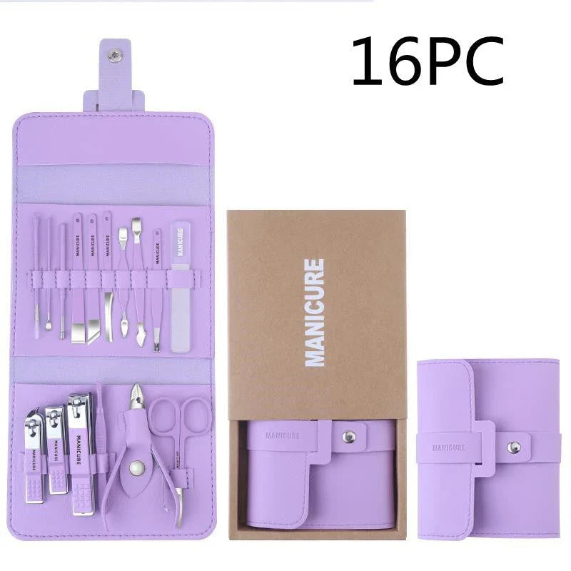 A 16-piece premium manicure and pedicure set with stainless steel tools and a stylish leather case