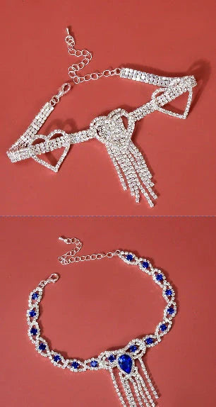 Elegant blue rhinestone tassel anklet for women, perfect for adding glamour to any outfit.