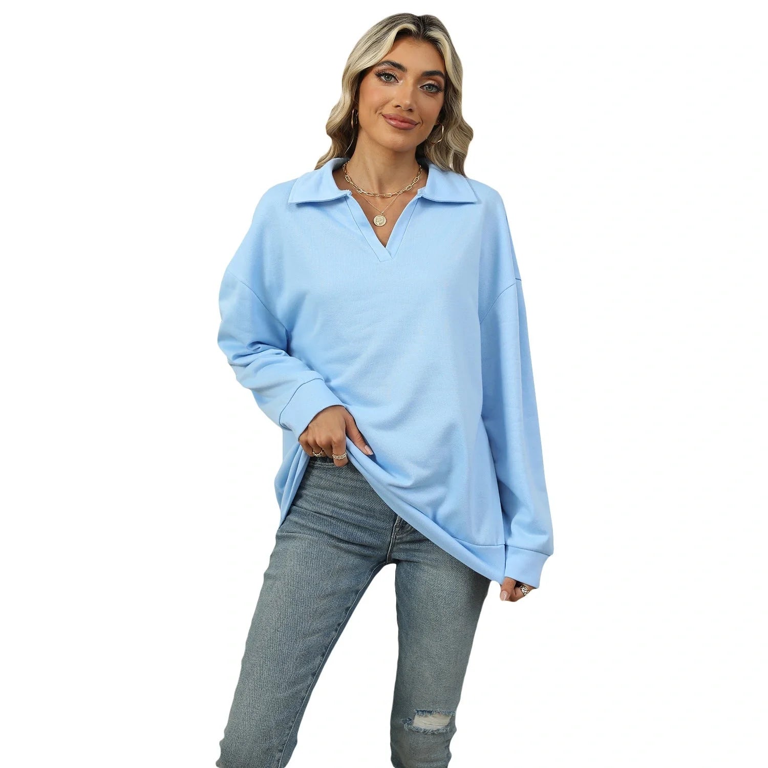 Women's Lapel V-neck Sweatshirt in solid colours with long sleeves