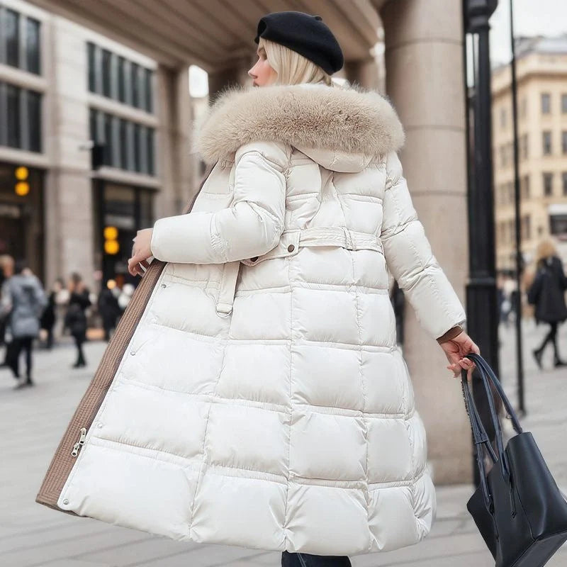 Stylish women's winter coat with fur hood and belt in various colours