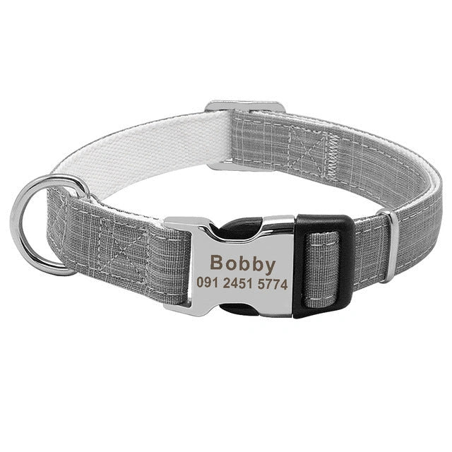 Customisable nylon dog collar with engraved dog tag in various colours