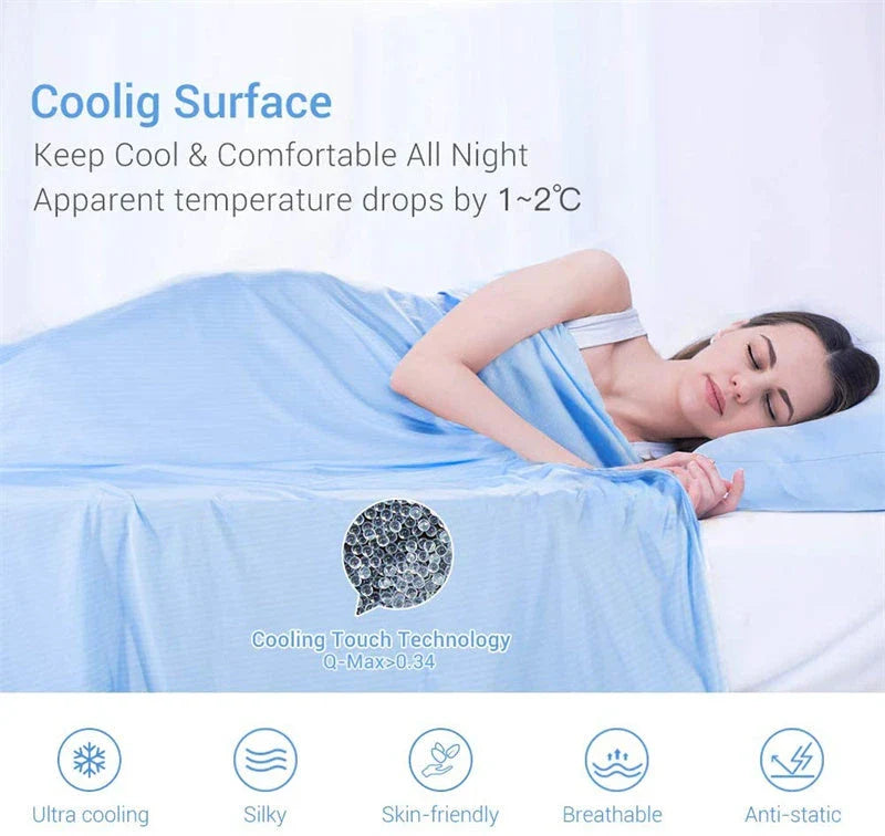 A premium polyester cooling blanket with innovative Japanese cooling fibers that provides refreshing temperature regulation for a comfortable sleep experience
