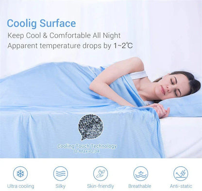 A premium polyester cooling blanket with innovative Japanese cooling fibers that provides refreshing temperature regulation for a comfortable sleep experience