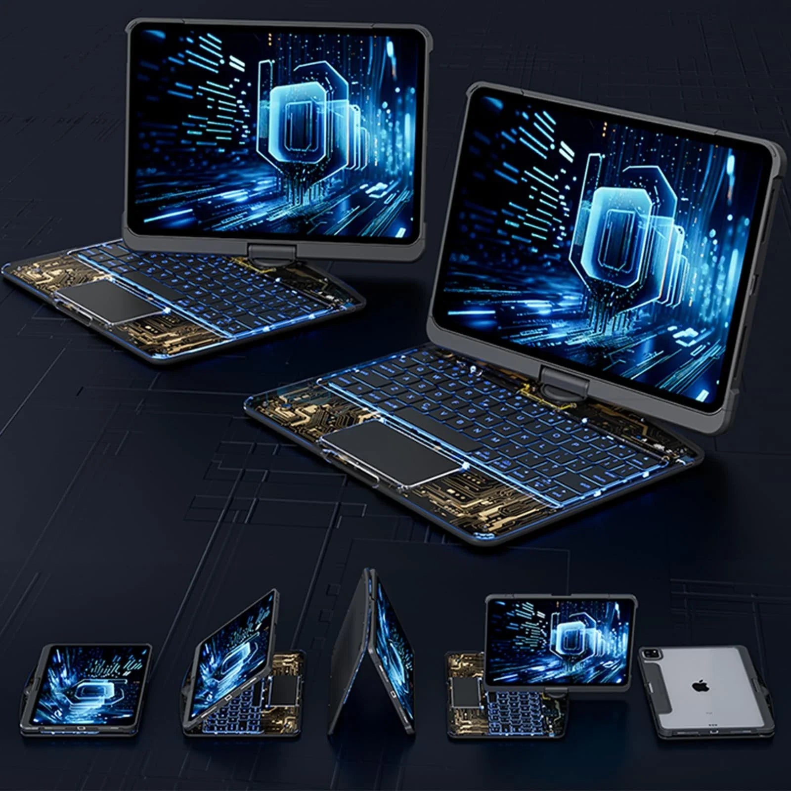 360-degree rotating keyboard case with transparent backplate and built-in Apple Pencil holder for iPad