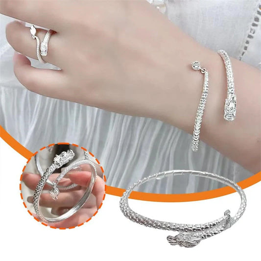 Adjustable Chinese-style dragon tail bangle bracelet with intricate dragon and phoenix decorations