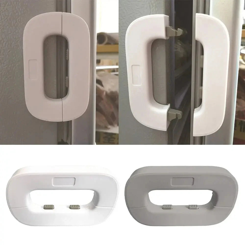 White and grey toddler safety lock for refrigerator doors with easy one-handed operation