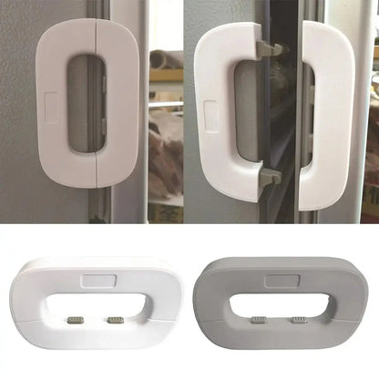 White and grey toddler safety lock for refrigerator doors with easy one-handed operation