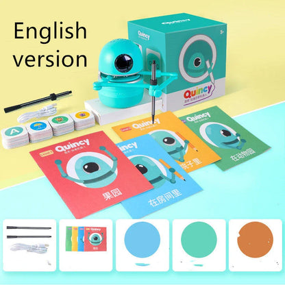 A drawing robot with a suction cup base, designed to guide children through the creative process of drawing and painting